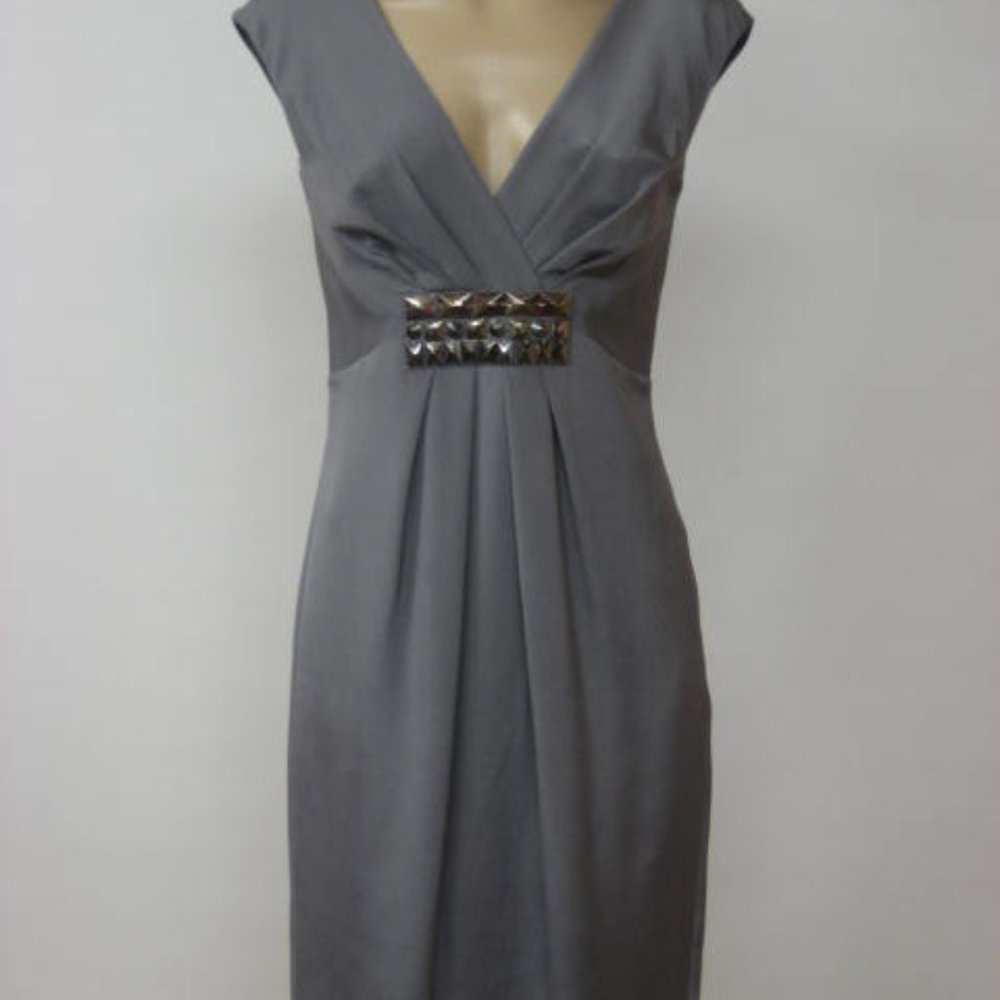 ANNE KLEIN Silk Embellished Gray V Neck Dress $395